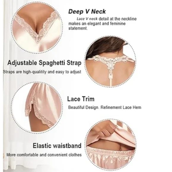 Nightwear Satin Pajamas Set Sleepwear Womens Sexy Lingerie Champagne - Picture 8 of 9